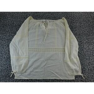 Claudia Richard Embroidered Tie‎ Front Crochet Beige Bell Sleeve Blouse Top Sz L